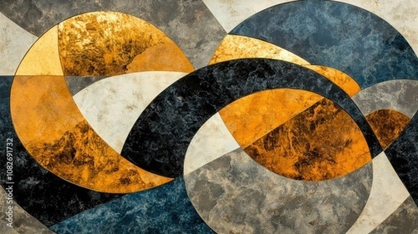Fototapeta Abstract geometric composition featuring circular shapes with a mix of warm gold, deep black, and cool gray tones, showcasing modern art aesthetics for contemporary design projects.