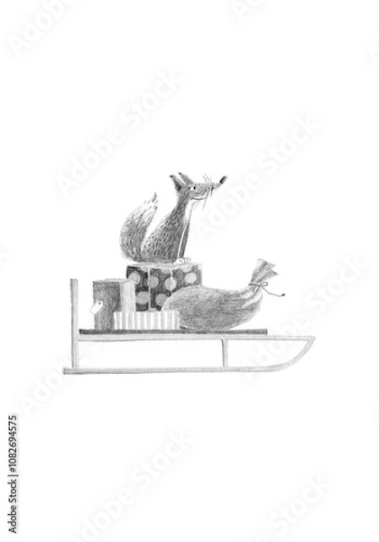 Fototapeta Little Fox on Sled with Presents. Christmas Hand Drawn Illustration  Isolated on White