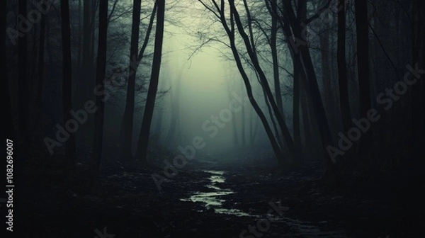Obraz Dark eerie scene foggy forest trees either side Spooky misty