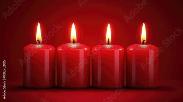 Fototapeta Four red burning candles on red background symbolizing romance and christmas festivities