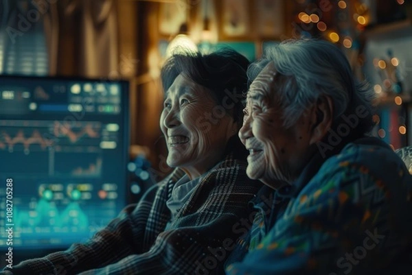 Fototapeta Retirement Planning and Financial LiteracyA joyful elderly couple smiles while looking at a computer screen in a cozy, warmly lit room filled with festive decorations.
