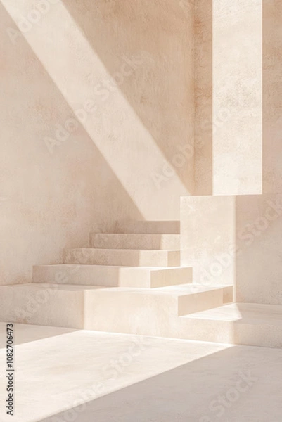 Fototapeta Minimalist beige concrete staircase with soft light and shadows