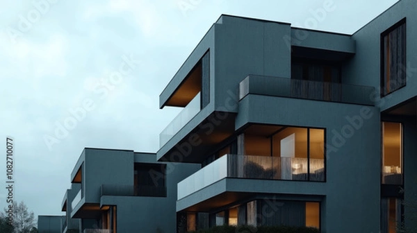 Obraz Modern architectural apartment buildings with illuminated interiors and large balconies at dusk under a cloudy sky, showcasing contemporary design and urban living.