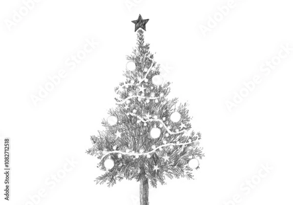 Fototapeta Graphite Christmas Tree. Hand Drawn Illustration Isolated on White
