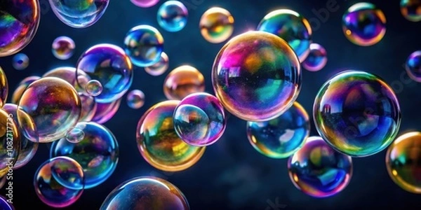 Fototapeta Vibrant Soap Bubbles Floating in the Air Against Dark Background for Abstract Design Projects