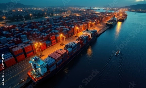 Fototapeta Aerial shot of a container terminal with illuminated containers.