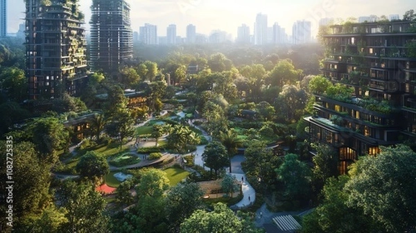 Obraz A green urban cityscape designed with eco-friendly infrastructure, solar energy solutions, and advanced urban planning for sustainability, ultra-realistic rendering