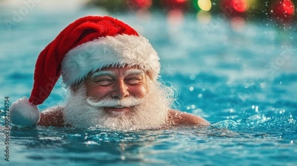 Obraz Santa Claus swimming in a pool while wearing his red hat, blending Christmas cheer with a festive summer atmosphere