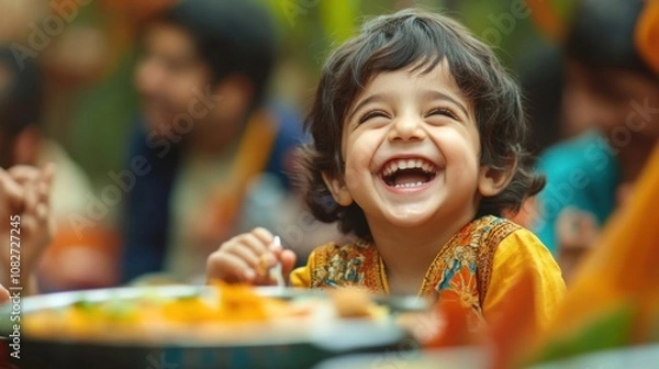 Fototapeta Child laughing while enjoying a meal at a lively community gathering, surrounded by vibrant colors and cheerful people