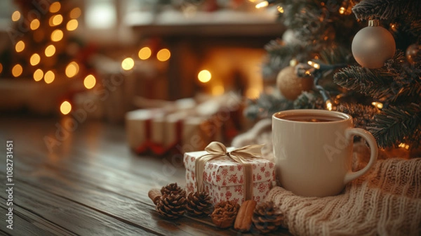 Obraz A close-up of colleagues enjoying warm drinks and chatting near a Christmas tree, with gifts stacked underneath and soft lighting creating a warm, cozy vibe