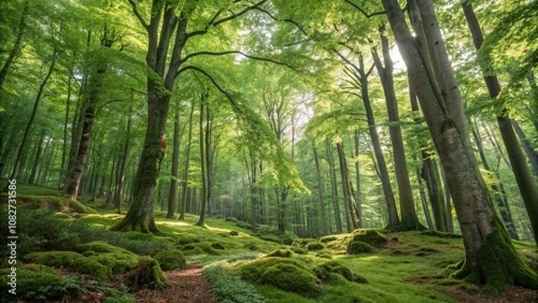 Fototapeta Lush green forest with tall trees and vibrant moss, creating a serene summer woods atmosphere