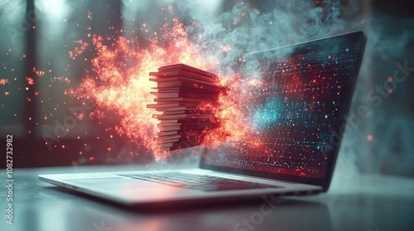 Fototapeta A full-color, detailed image of a laptop on a strictly white background, with a stack of books floating in mid-air, AI Generative