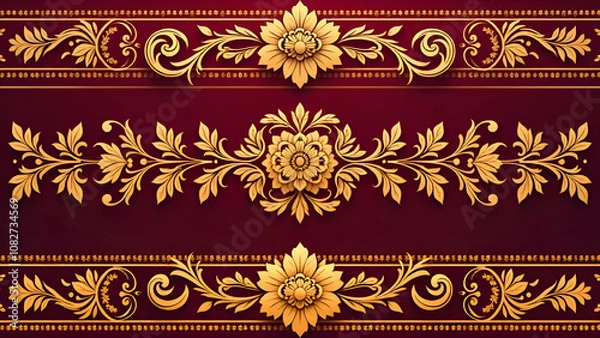 Obraz A seamless pattern featuring Victorian ornamental borders with intricate acanthus leaf and floral motifs, in shades of deep vinous and gold 