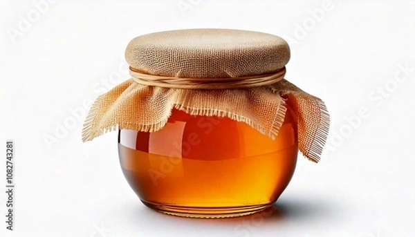Fototapeta A stylish jar of honey with a cloth cover, showcasing the golden liquid inside, perfect for natural sweetening or culinary use.
