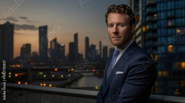 Fototapeta Professional business portrait with dynamic cityscape background