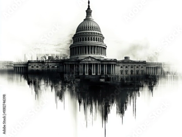 Obraz Capitol building silhouette in black and white, dramatic contrast and reflection.