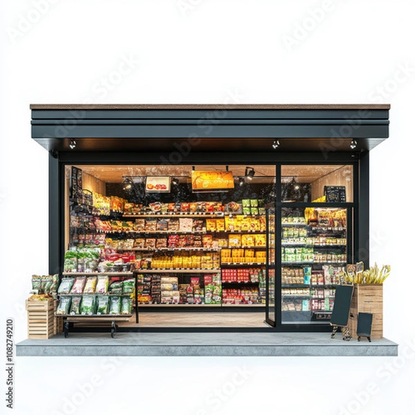 Obraz Grocery store front with a wide variety of products, white isolate background.
