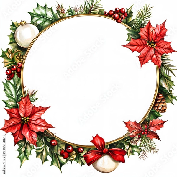 Fototapeta Watercolor Christmas frame with balls and flowers on white background
