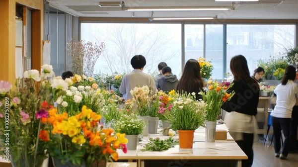 Fototapeta Students are engaged in floral arrangement class, surrounded by vibrant flowers and greenery, showcasing creativity and learning in bright, spacious environment