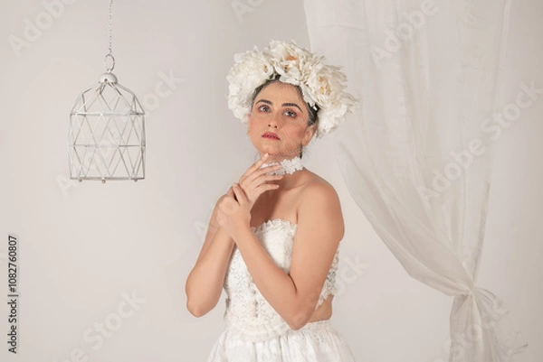 Fototapeta Portrait of a beautiful fashion model dressed in white as a bride.