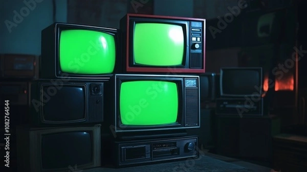 Fototapeta Pile of Old TV with blank green screen. Concept of old technology or Time of change.