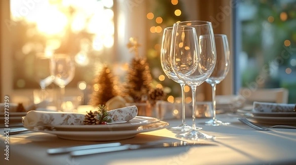 Fototapeta Empty table close-up, blurred background showcasing a holiday table setting with elegant plates, festive glasses, and Christmas-themed napkins, creating a welcoming dinner scene. --ar 16:9