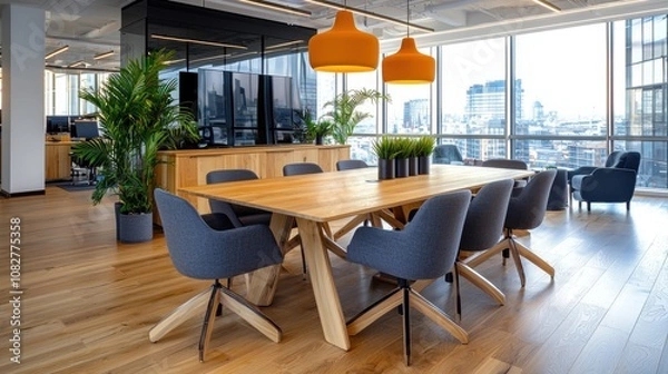 Fototapeta Modern office conference room with large windows, wooden table, and chairs.