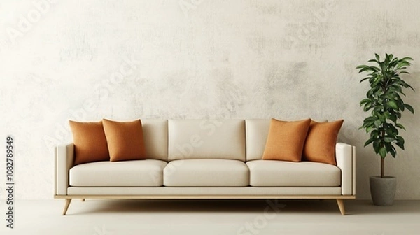 Fototapeta Minimalist living room with beige sofa and orange cushions against textured wall and potted plant