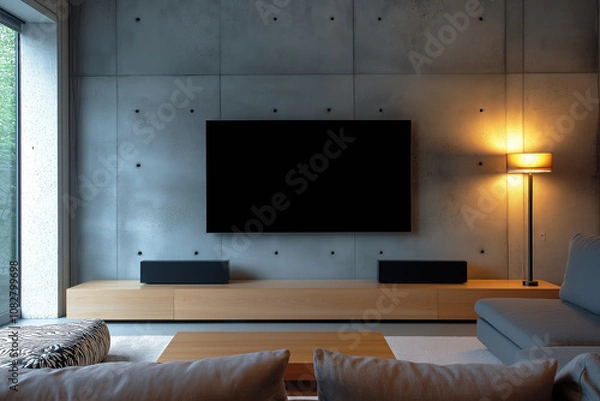 Fototapeta Modern living room with a concrete wall and a large TV mockup, wooden furniture, a neutral color palette, sleek design elements, a comfortable seating arrangement, minimalistic decor