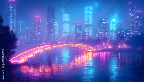 Fototapeta Futuristic city skyline with a glowing bridge over a river at night.