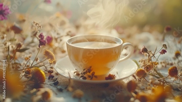 Obraz A steaming cup of herbal tea surrounded by dried flowers and honey.
