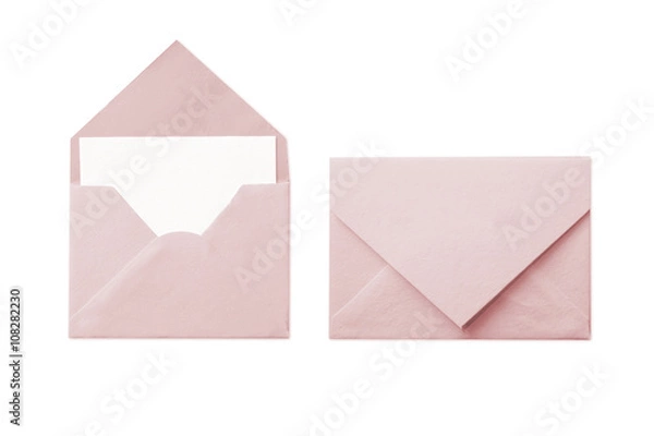 Fototapeta Pink envelope with blank white card isolated on white background