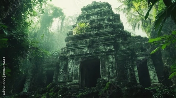 Obraz An ancient stone temple surrounded by lush jungle foliage.