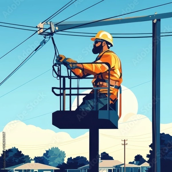 Fototapeta Worker Adjusts Power Line Connections in Suburban Area