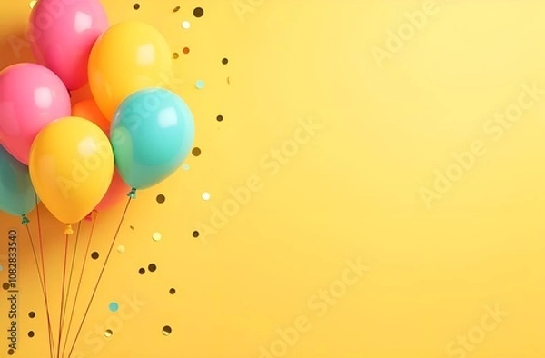 Fototapeta Colorful balloons and confetti on yellow background. Copy space. 