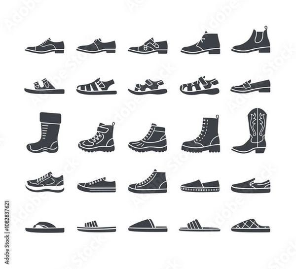 Obraz Men shoes for every season and occasion. Simple solid silhouette icons for clothes shop. Male dress shoes, casual footwear, different sneakers, boots, sandals, slippers. Side view, isolated