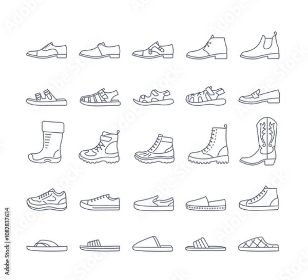 Obraz Men shoes for every season and occasion. Simple thin line icons for clothes shop. Male dress shoes, casual footwear, different sneakers, boots, sandals, slippers. Side view, editable stroke, isolated