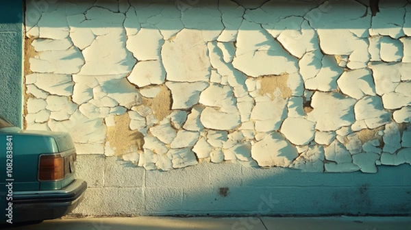 Fototapeta Partial view of blue vintage car parked next to a wall with peeling white paint and cracks, in warm sunlight.