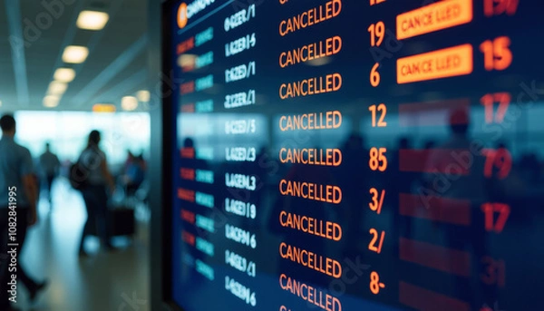 Fototapeta Cancelled Flights Display at Airport Terminal - A Busy Travel Scene