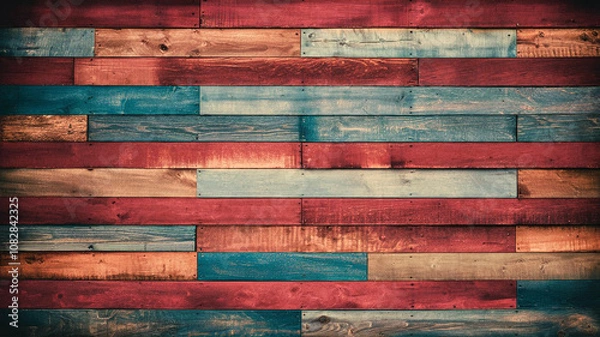 Fototapeta Rustic horizontal wooden planks in weathered red blue and tan shades create a charming distressed design with visible grain and classic textures.