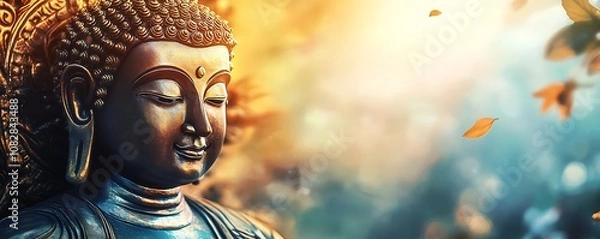 Obraz Elegant Buddha Statue Surrounded by Gentle Autumn Leaves and Morning Light : Generative AI