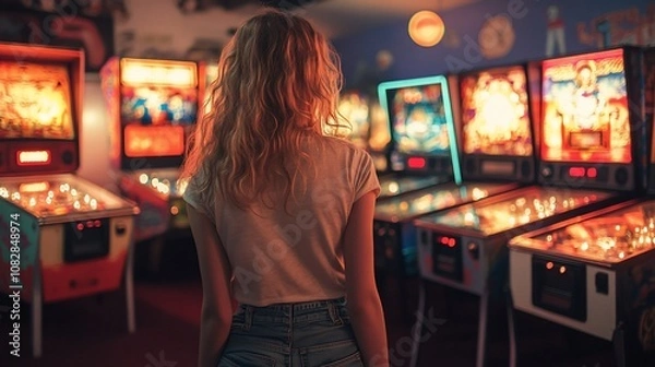 Fototapeta A woman stands in a retro arcade, looking at rows of pinball machines.