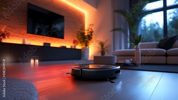 Obraz A futuristic living room featuring an AI-powered robotic vacuum cleaner working autonomously, while an AI hub displays notifications about completed tasks and energy usage