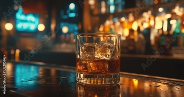 Fototapeta glass of whiskey with ice cubes on the bar counter in a dark room bar