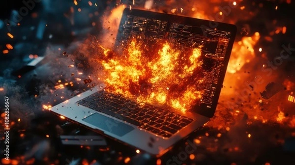 Fototapeta A laptop computer explodes in a fiery inferno, spewing sparks and smoke.