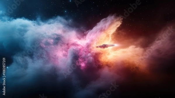 Fototapeta A lone spaceship ventures through swirling, colorful cosmic nebula clouds under a starlit sky, creating a sense of mystery, exploration, and endless possibilities.