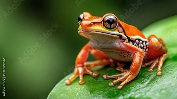 Fototapeta This photograph captures a vivid and colorful frog poised gracefully on a leaf showcasing its striking patterns and stunning natural beauty at its finest.