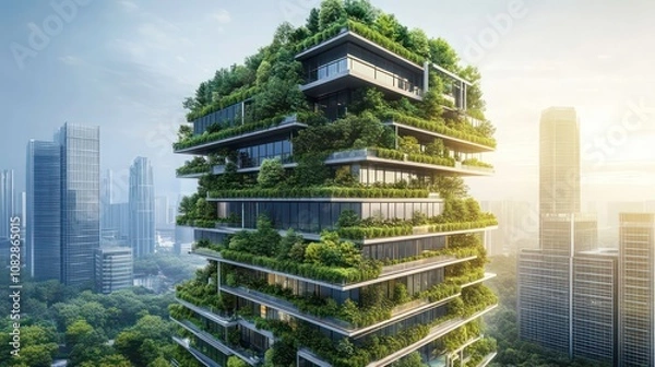 Fototapeta Ecofriendly building in the modern city Sustainable glass office building with trees for reducing heat and carbon dioxide Office building with green environment Corporate building redu