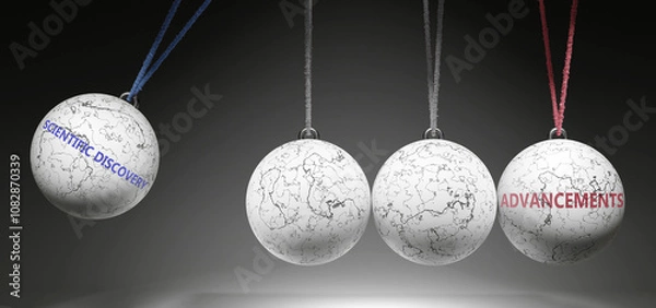 Fototapeta Scientific Discovery and Advancements - cause and effect relationship. A Newton cradle metaphor showing how scientific discovery results in advancements. It initiates advancements. ,3d illustration