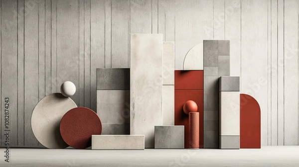 Fototapeta Contemporary abstract geometric sculpture with concrete and textured red shapes in a minimalist setting, featuring a vertical pattern wall background.